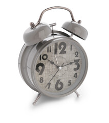 Metal alarm clock on white background