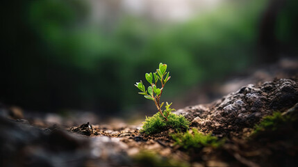 Naklejka na ściany i meble Young sprout growing from soil in the forest. Concept of new life