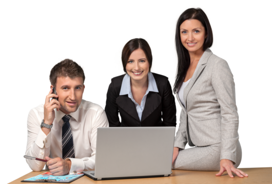 Portrait of Business People Working with Laptop and Talking on the Phone