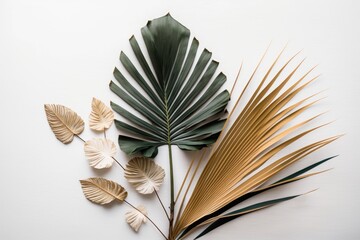 On a white backdrop, dry tropical exotic palm leaves. A simple flower aesthetic arrangement in flat lay and top perspective. Generative AI