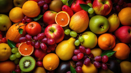 Naklejka na ściany i meble Fruits on a wooden table, close-up, selective focus.