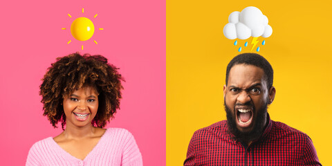 Coping With Stress. Happy Black Woman And Angry Man On Colorful Backgrounds