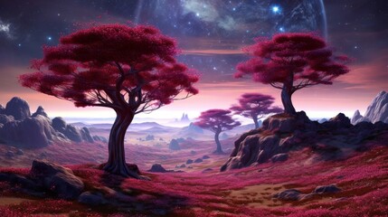 Obraz na płótnie Canvas Pink trees and rocks in a sunny landscape. Generative ai