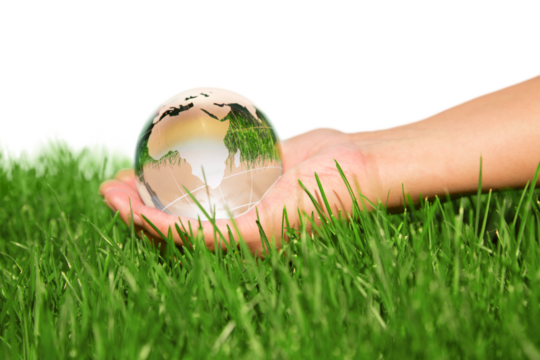 Close-up of woman hand holding globe in hand on green grass