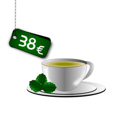 38 euro on green rectangle tag. Thirty eight euro white number. White cup of tea with three green mint leaf.