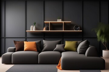 a modern luxury living room with a black sofa, paired with a dark concrete wall that offers a sleek and contemporary vibe created with generative ai