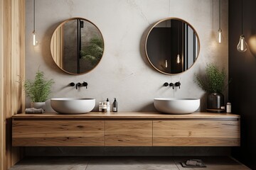A double sink is located atop a chest of drawers with a mirror above it in a wooden bathroom with a concrete and wooden floor. a mockup. Generative AI