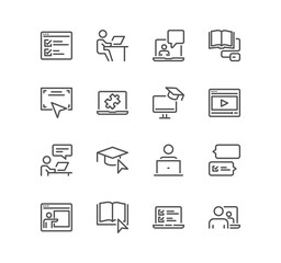 Set of online education related icons, education plan, video tutorial, webinar, learning, graduation and linear variety symbols.