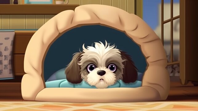 The shih tzu puppy peeks from a plush bed. (Illustration, Generative AI)