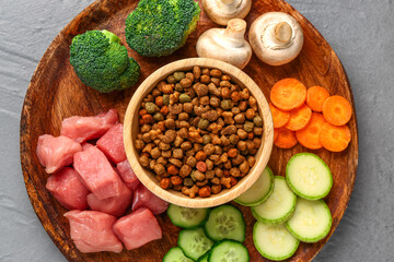Plate with dry pet food, raw meat and natural products on color wooden background