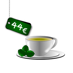 44 euro on green rectangle tag. Forty four euro white number. White cup of tea with three green mint leaf.