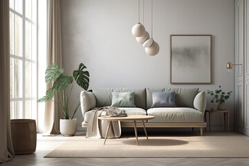 A contemporary room with a sofa, pillows, blanket, plant, and furniture interior design. Generative AI