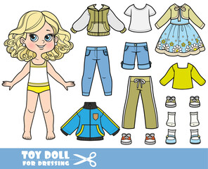 Cartoon blond girl  and clothes separately - sports jacket, shorts, jeans, elegant dress with a bolero, long sleeve,  t-shirt, sandals and sneakers doll for dressing - obrazy, fototapety, plakaty