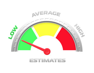 assessment level indicator icon, (low, average, high,) the arrow on the scale indicates a low level. Tachometer, speedometer sign, infographic element on isolated background