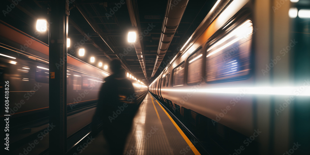 Poster speeding train in an underground tunnel. abstract blur and modern transit technology. generative ai.