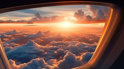 view from an airplane window at wing and sunset. Generative AI