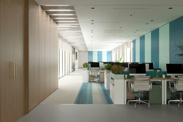 Modern open office and working area. Computers on the tables. 3d render.