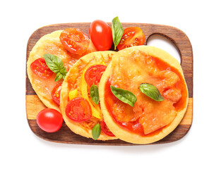 Board with tasty mini pizzas on white background