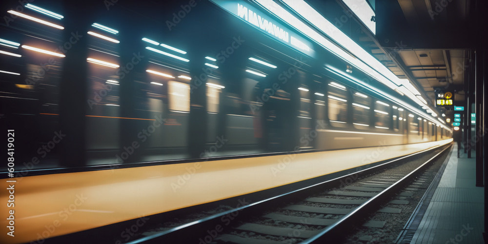 Poster empty corridor in a subway station. perspective and velocity of urban movement. generative ai.