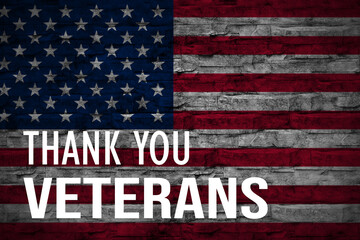 Fototapeta premium Thank you Veterans Abstract Background Typography on Wall with US Flag. Modern thankful style backdrop