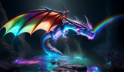 magical fantasy dragon with a glowing rainbow aura