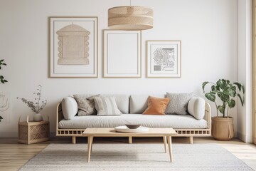 a mock up picture frame hanging in the living room, a cozy interior with elegant and lovely furniture,. Generative AI