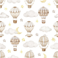 Seamless pattern with hot air balloons. - 608420479