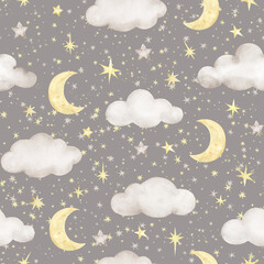Seamless pattern with night sky,clouds,moon,stars. - 608420487