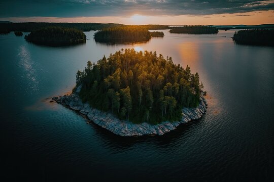 Lake Saimaa is A Warm Evening. Finland. Generative AI