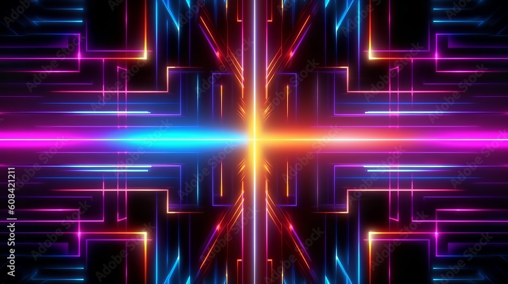 Poster an artistic abstract background with neon lights and geometric lines. generative ai