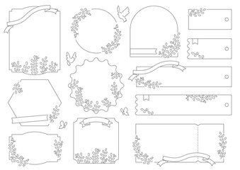 シンプルな植物の線画フレームセット　リボン以外の白フチなし
