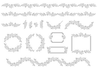 シンプルな植物の線画　フレームとラインのセット　白フチなし