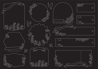 シンプルな植物の線画フレームセット　リボン以外の黒フチなし