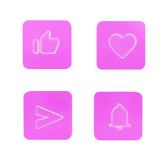 3d icon set like, love, notification and send glass color with cube purple illustration rendering