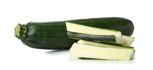 Slices of fresh green zucchini on white background