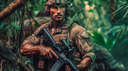 Obraz premium A military man walks through the jungle with a gun. Generative Ai
