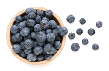 Bowl with ripe fresh blueberry on white background
