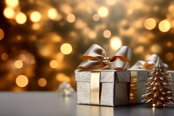 Silver gift boxes with golden bows on the background of bokeh effect. Generative AI