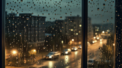 Urban Serenade: Raindrops on Window Pane, Unsheepish Nocturnal Neighborhood. Generative AI
