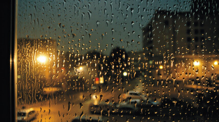 Rainfall Symphony: Raindrops on Window Pane, Enigmatic Nighttime Neighborhood. Generative AI