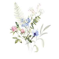 Wild herbs field flowers plants. Watercolor bouquet - illustration with green leaves, branches and colorful buds. Wedding stationery, wallpapers, fashion, backgrounds, prints, pattern. Wildflowers.