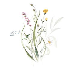 Fototapeta na wymiar Wild herbs field flowers plants. Watercolor bouquet - illustration with green leaves, branches and colorful buds. Wedding stationery, wallpapers, fashion, backgrounds, prints, pattern. Wildflowers.