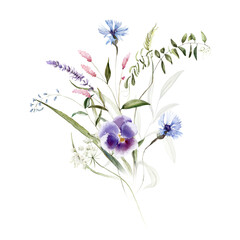 Fototapeta na wymiar Wild herbs field flowers plants. Watercolor bouquet - illustration with green leaves, branches and colorful buds. Wedding stationery, wallpapers, fashion, backgrounds, prints, pattern. Wildflowers.