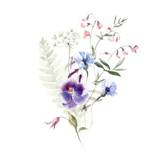 Wild herbs field flowers plants. Watercolor bouquet - illustration with green leaves, branches and colorful buds. Wedding stationery, wallpapers, fashion, backgrounds, prints, pattern. Wildflowers.