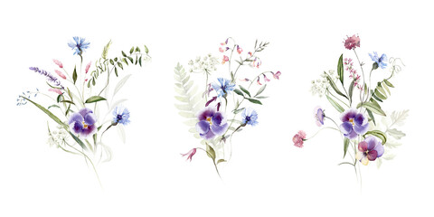 Fototapeta na wymiar Wild field herbs flowers plants. Watercolor bouquet collection - illustration with green leaves, branches and colorful buds. Wedding stationery, wallpapers, fashion, backgrounds, prints. Wildflowers.