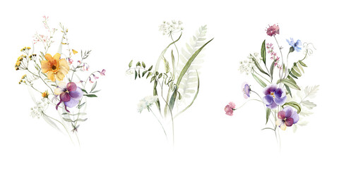 Wild field herbs flowers plants. Watercolor bouquet collection - illustration with green leaves, branches and colorful buds. Wedding stationery, wallpapers, fashion, backgrounds, prints. Wildflowers.