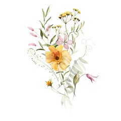 Wild field herbs flowers plants. Watercolor bouquet collection - illustration with green leaves, branches and colorful buds. Wedding stationery, wallpapers, fashion, backgrounds, prints. Wildflowers.