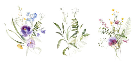 Wild field herbs flowers plants. Watercolor bouquet collection - illustration with green leaves, branches and colorful buds. Wedding stationery, wallpapers, fashion, backgrounds, prints. Wildflowers.