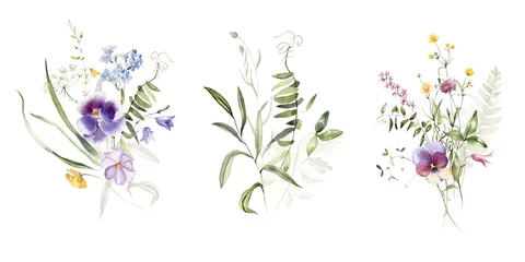 Keuken spatwand met foto Wild field herbs flowers plants. Watercolor bouquet collection - illustration with green leaves, branches and colorful buds. Wedding stationery, wallpapers, fashion, backgrounds, prints. Wildflowers. © Veris Studio