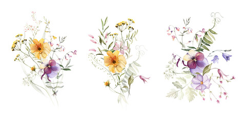 Wild field herbs flowers plants. Watercolor bouquet collection - illustration with green leaves, branches and colorful buds. Wedding stationery, wallpapers, fashion, backgrounds, prints. Wildflowers.